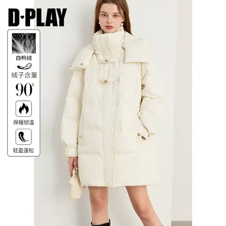 DPLAY2023年冬装休闲风保暖蓬松米白色保暖蓬松中长款羽绒服女商品大图