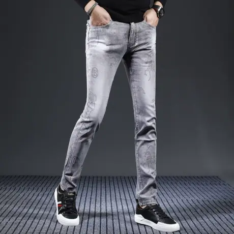 欧美高端印花牛仔裤男秋季烟灰色2023新款修身小直筒潮流男装裤子图片