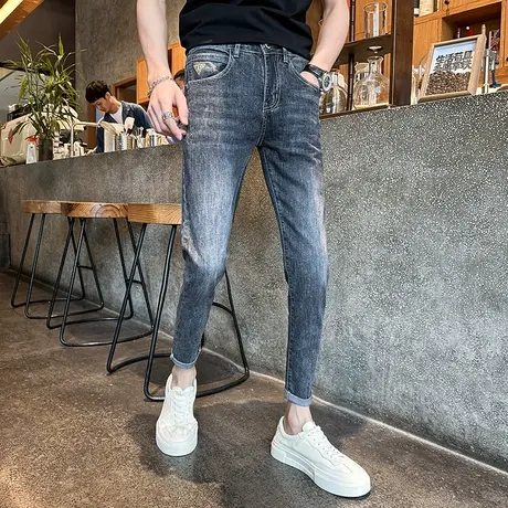 2023春夏款浅灰色磨白刺绣牛仔裤潮牌个性刺绣小脚铅笔裤微弹长裤商品大图