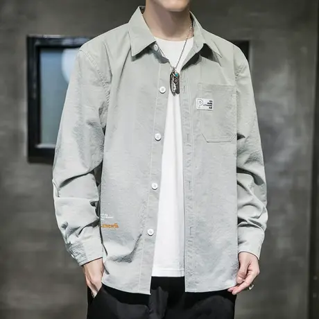春天男装翻领衬衫春秋款潮流百搭排扣长袖外套2024新款春季上衣服商品大图