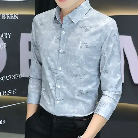 高级感男士衬衫长袖2022秋季新款男装潮牌薄款痞帅印花时尚衬衣商品大图