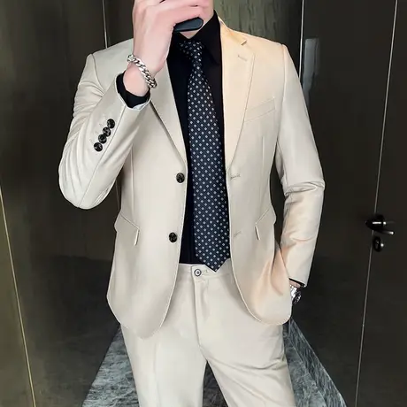 米白色西服男春夏薄款单排两扣主持人礼服意式商务通勤两件套装潮商品大图