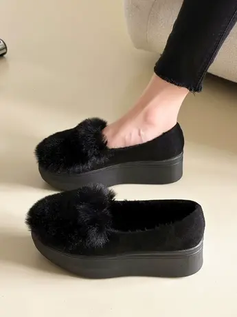 厚底毛毛鞋时尚松糕鞋女坡跟秋冬新款单鞋女鞋带毛防滑百搭豆豆鞋商品大图