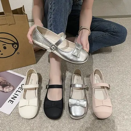 时尚爆款银色玛丽珍单鞋子女春秋2023年夏季新款软底蝴蝶结小皮鞋商品大图