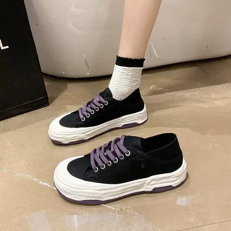 韩版厚底小白鞋女2024夏季新款帆布鞋溶解鞋女系带百搭单鞋女鞋潮商品大图