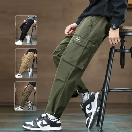 秋冬季男士纯棉多口袋军绿色工装2024新款宽松阔腿微喇叭休闲裤子商品大图