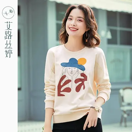 艾路丝婷纯棉印花长袖卫衣女2021秋装新款韩版圆领打底衫宽松上衣图片