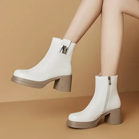 时尚简约冬季新款真皮女靴气质高跟厚底舒适软皮头层牛皮白色短靴商品大图