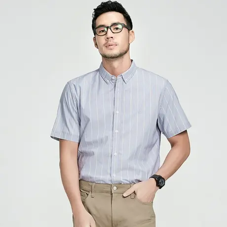 格慕施纯棉休闲衬衫男士春夏潮流条纹短袖衬衣加大码宽松男装图片