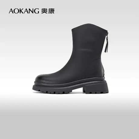 奥康女鞋 2023冬季新款英伦风后拉链瘦瘦靴简约韩版女士短靴子商品大图