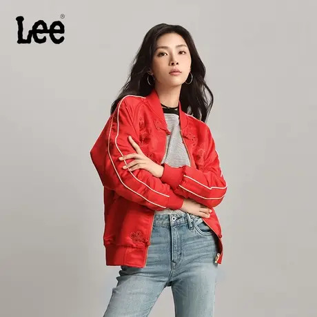 Lee商场同款24春季新品舒适版绣花插肩袖中国结纽扣红女夹克外套图片