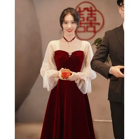 长袖敬酒服新娘2024新款酒红色小个子结婚回门订婚礼服连衣裙纱袖图片