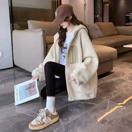 唐狮仿羊羔绒卫衣外套女连帽中长款2023冬季新款加厚保暖毛毛上衣图片