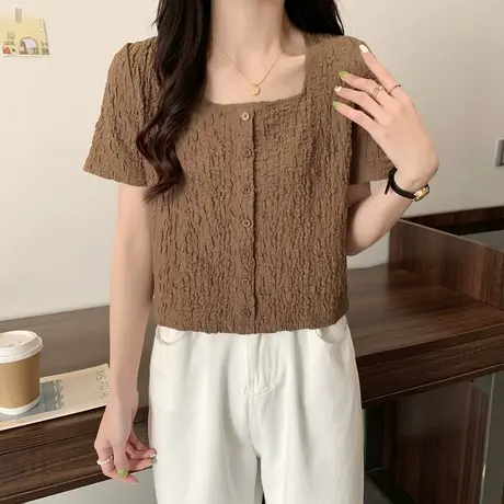 唐狮方领肌理短款小衫春夏季通勤宽松休闲短袖T恤女设计感通勤图片
