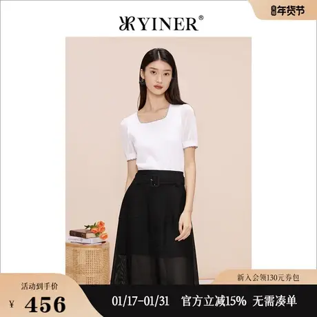 YINER音儿专选女装夏季方领泡泡袖针织衫套头简约图片