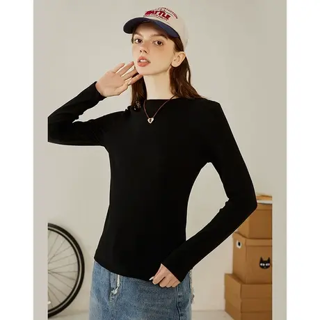 a022025春新款圆领长袖澳绒针织打底上衣休闲内搭女式打底衫商品大图