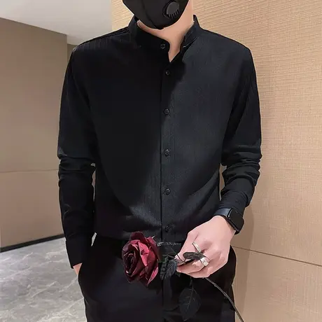 春季纯色条纹小立领轻熟风纯色竖条潮牌肌理感长袖衬衫发型师衬衣商品大图