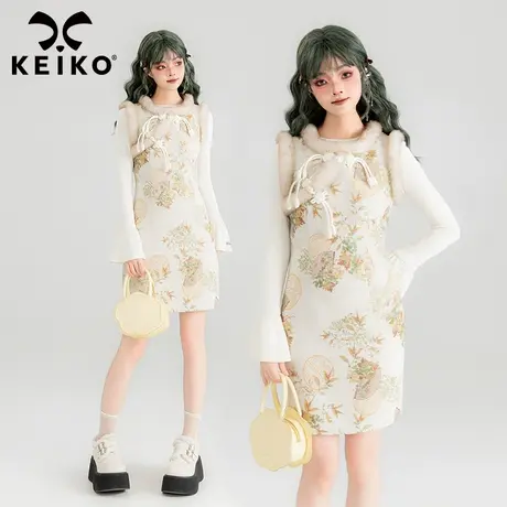 KEIKO 新中式金丝线提花连衣裙春季温婉国风毛绒边改良旗袍包臀裙商品大图