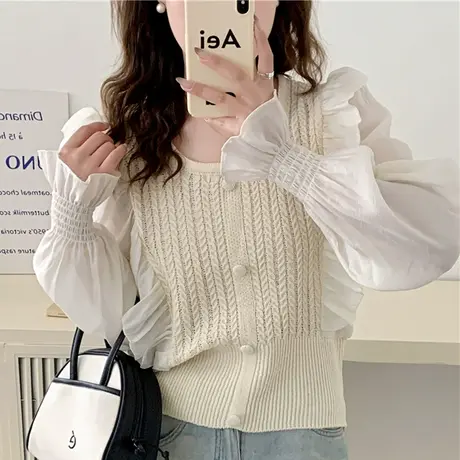 春装2024年新款圆领荷叶边设计感雪纺袖法式温柔风小个子针织衫女图片