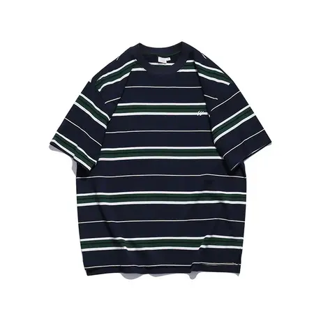 美式复古情侣装250g重磅条纹T恤夏季潮牌短袖男纯棉休闲宽松体恤图片