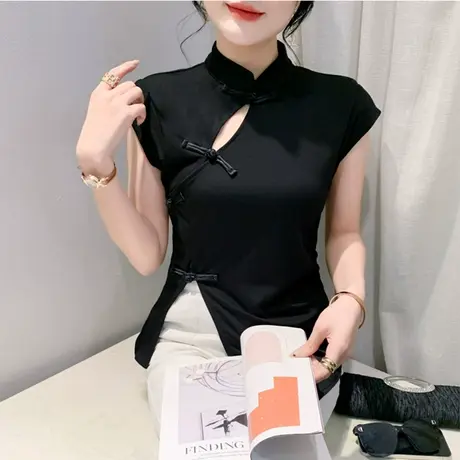 中国风复古改良盘扣T恤女短袖气质立领小衫不规则下摆开叉上衣ins商品大图