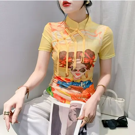 国风复古盘扣上衣女短袖设计感气质印花立领T恤网纱修身打底小衫商品大图