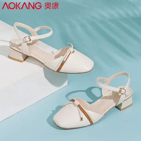 奥康女鞋2023夏季粗跟复古玛丽珍鞋一字扣单鞋中空包头羊皮凉鞋商品大图