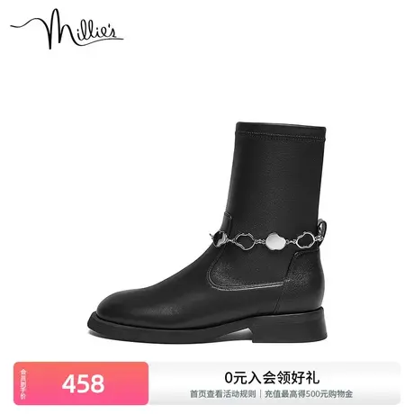 millie's妙丽冬新款牛皮葫芦链条方跟时装女瘦瘦短靴89001DZ2商品大图