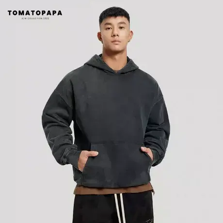 TOMATOPAPA连帽卫衣男重磅棉宽松落肩潮牌字母刺绣套头洗水旧上衣商品大图