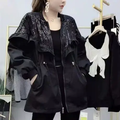 外套女炸街港风上衣2023年春秋季新款亮片宽松收腰休闲短款风衣潮图片