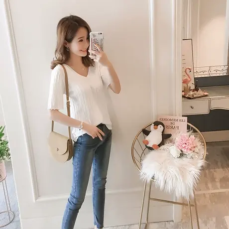 2021春秋新款冰丝针织短袖女打底衫宽松薄款上衣百搭中袖夏季 t恤图片