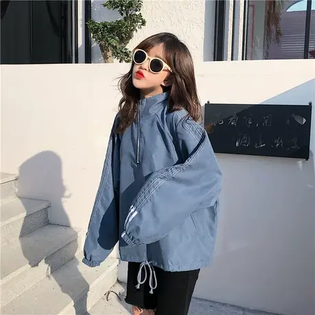 立领半拉链卫衣女春秋薄款宽松韩版2021新款套头慵懒风外套ins潮商品大图