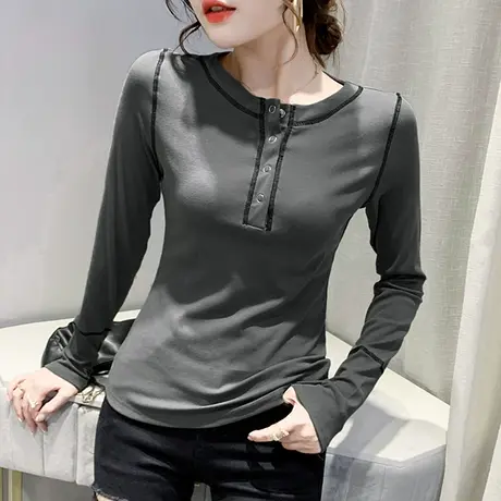 欧货时尚潮品T恤女长袖2023春秋新款洋气个性上衣显瘦修身打底衫商品大图