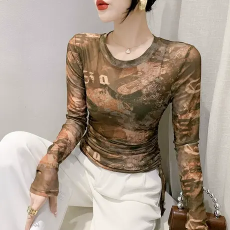 性感网纱薄款防晒长袖欧货扎染印花洋气上衣设计感别致外搭小衫潮商品大图