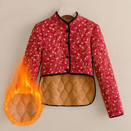 时尚印花中老年人小棉袄女冬季棉服贴身妈妈棉衣加绒保暖护颈肩图片