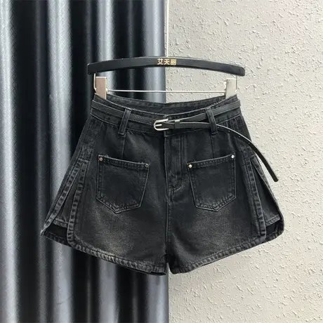 黑色开叉A字显瘦牛仔短裤女23夏天新款韩版时尚宽松高腰阔腿热裤商品大图