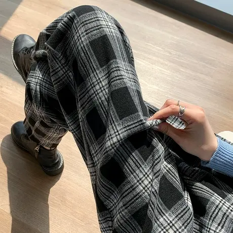 黑白格子裤女九分2023年春秋新款高腰直筒宽松显瘦休闲哈伦萝卜裤商品大图