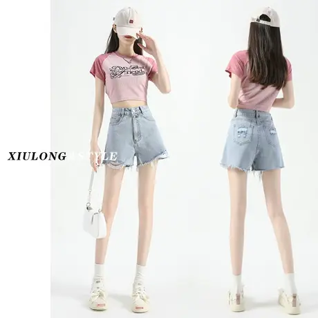 浅色高腰破洞牛仔短裤女春秋季2023年新款显瘦甜辣a字阔腿热裤子图片