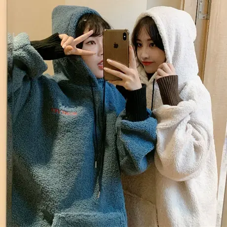 假两件卫衣女潮ins秋冬韩版学生宽松bf慵懒风加绒加厚羊羔毛外套商品大图
