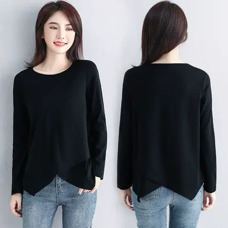 黑色下摆t恤女2023春季新款韩版上衣宽松大码圆领长袖体恤图片