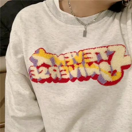 红续oversize套头卫衣女小众设计感植绒刺绣宽松秋季薄款长袖上衣图片