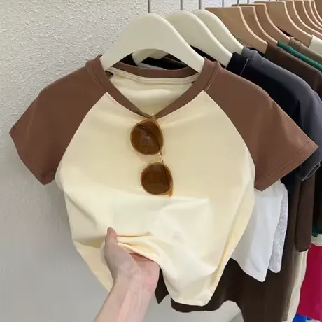 撞色拼接短袖T恤女夏季短款修身百搭打底小衫小众韩版插肩袖上衣商品大图