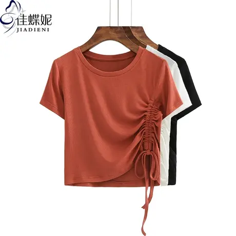夏季新款圆领修身短袖女装体恤显瘦打底衫纯白抽绳上衣内搭韩版T商品大图