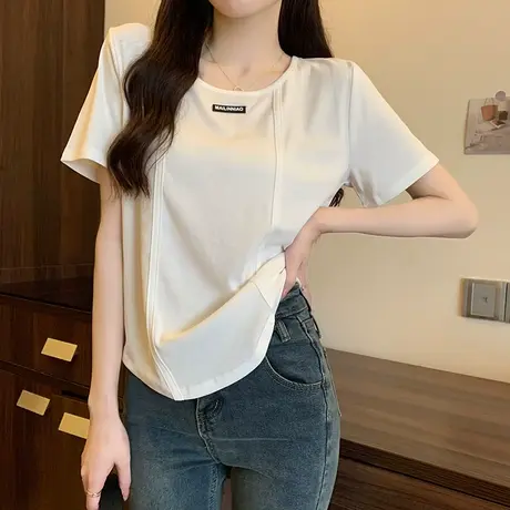 鱼骨设计感短袖t恤女夏季新款宽松显瘦不规则正肩大码胖mm上衣服商品大图