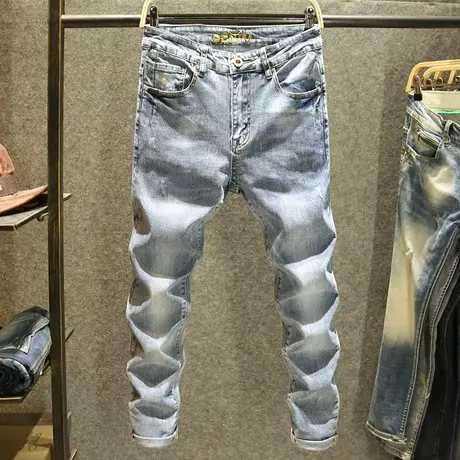 夏天牛仔裤男潮牌修身小脚休闲裤子薄款蓝色韩版潮流弹力时尚男裤商品大图