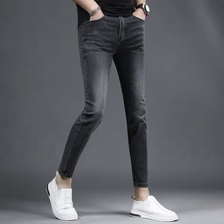 2023新款夏季爆款九分牛仔裤男修身小脚黑色冰丝弹力男士裤子9分商品大图