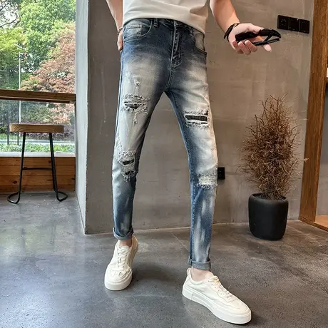 2023 夏季渐变磨白破洞牛仔裤男潮个性补丁乞丐小脚裤弹力铅笔裤图片