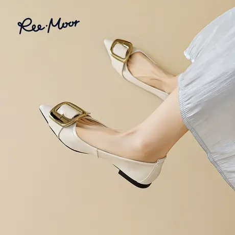 REEMOOR睿慕法式气质小羊皮仙女风低跟尖头浅口平底单鞋蛋卷鞋女商品大图