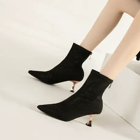 2023年新款细跟马丁靴子女小跟瘦瘦高跟女鞋百搭短靴弹力春秋单靴图片