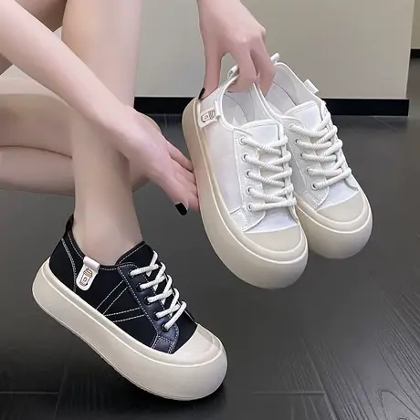 韩版休闲港风chic学生小白鞋厚底运动鞋2023秋新款舒适帆布鞋单鞋商品大图